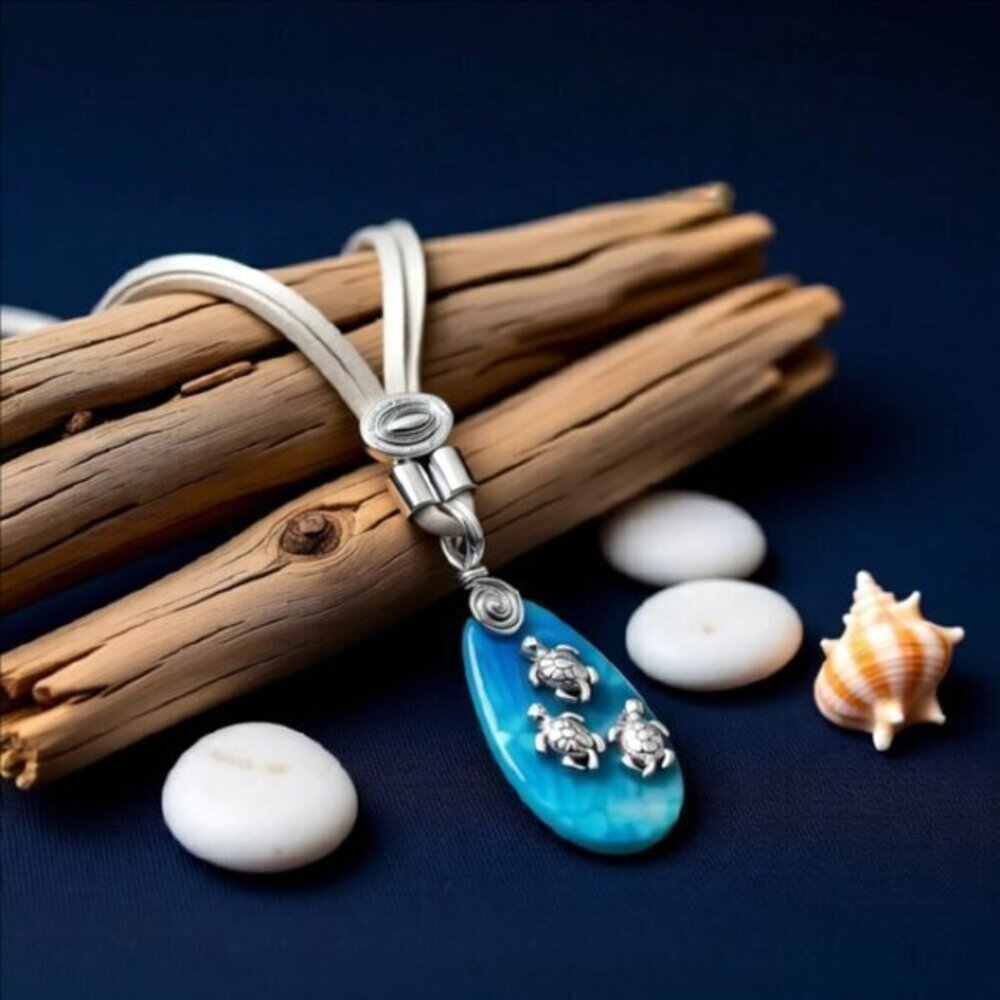 Sexy Beach Sea Turtle Agate + Faux Leather Necklace - 24" ~ Beachy Ocean Boho